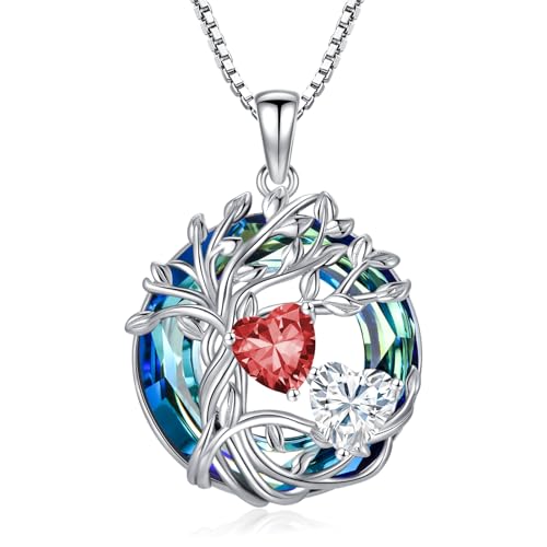 TOUPOP s925 Sterling Silver Family Celtic Tree of Life Pendant Necklaces with 2 Heart Birthstone with Blue Austrian Crystal Jewelry Birthday Valentines Day Gifts for Her, Anniversary Christmas Gifts for Wife Girlfriend Mom (18K Real White Gold Filled) - c