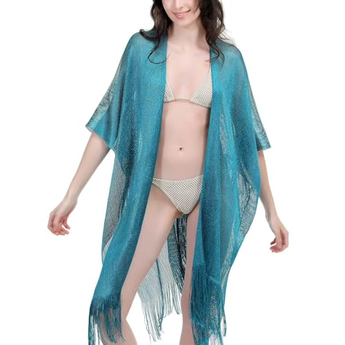 Sparkle Metallic Evening Shawls for Women formal Party Dresses Beach Travel Cardigan Shawl Wrap for Swimsuit - color: H-teal Blue