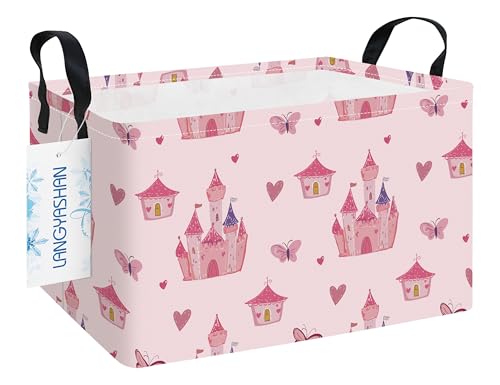 Rectangular Girl Storage Bin Collapse Canvas Fabric Cartoon Storage Basket with Handles for Organizing Home Kitchen Boys and Girls Toys Office Closet Shelf Baskets (Rec Pink Castle) - color: Rec Pink Castle