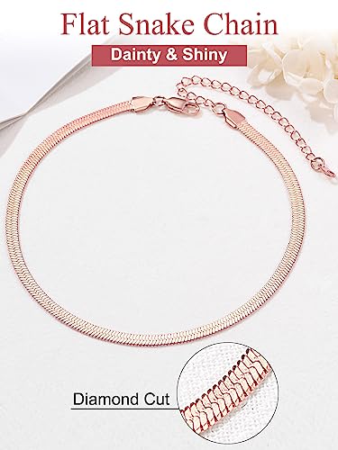 FOCALOOK 14K Gold Plated Necklaces for Women, Fashion Herringbone Choker Necklace Stainless Steel Flat Snake Chain 3/5MM(W) 12.5"/15"/18"+3.5"(L) - color: 5MM-Rose Gold-12.5"