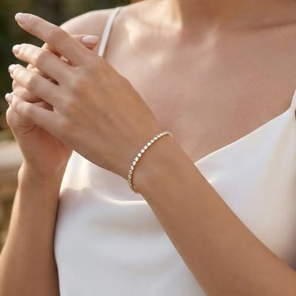 3mm Diamond Classic Tennis Bracelet for Women Dainty, Gold Jesus Cross Bracelets Trendy, 14K Gold Plated Heart/Evil Eye/Pearl/Starfish & Seashell Charm Bracelets for Women Bulk - style: Gold Tennis