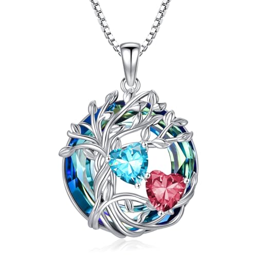 TOUPOP s925 Sterling Silver Family Celtic Tree of Life Pendant Necklaces with 2 Heart Birthstone with Blue Austrian Crystal Jewelry Birthday Valentines Day Gifts for Her, Anniversary Christmas Gifts for Wife Girlfriend Mom (18K Real White Gold Filled) - c