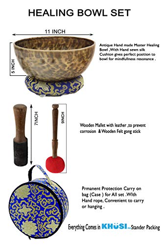 KHÜSI INC10"Antique Hand-hammered Tibetan Singing bowl set ~ Master healing Himalayan singing bowl ~Meditation Kit for Chakra Healing and ZEN ~ Professional healing bowl set.