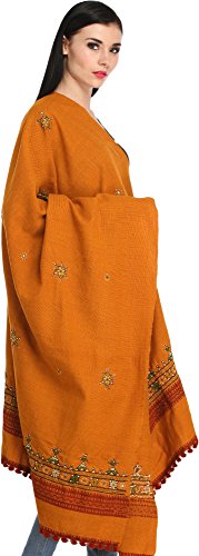 Exotic India Women's Pure Wool Shawl from Kutch with Central Embroidered Chakra and Mirrors Ethnic Design Stole, Scarves