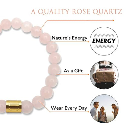 Morchic 8mm Genuine Gemstone Stretch Bracelet for Women Men Unisex, Natural Energy Crystal Stone Beads, Classic Simple Design Cuff Birthday Gift 7.5 Inch - color: Rose Quartz