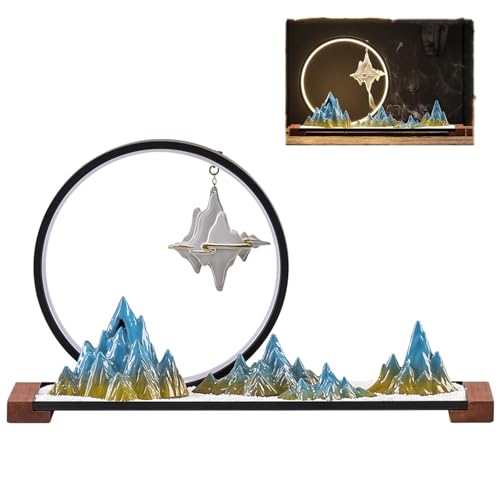 Landscape Desktop Decoration with LED Light Ring and backflow Incense Burner, Artificial Rockery Landscape on Solid Wood Base, Zen-Inspired Interior Decoration