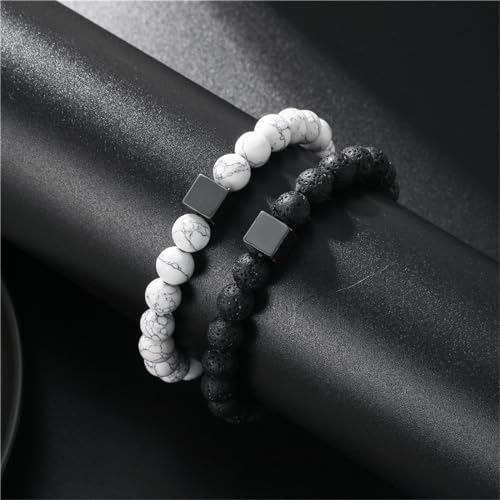 2Pcs Matte Lava Rock Volcanic Stone Beads Stretch Bracelet Stacking Frosted Gemstone Turquoise Seed Bracelet for Men Women Couple Stress Relief Aromatherapy Jewelry Gift - color: P bead