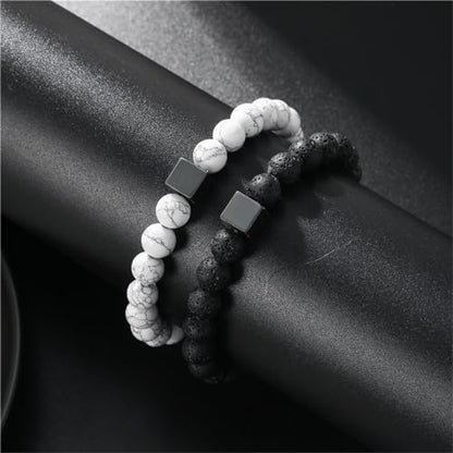 2Pcs Matte Lava Rock Volcanic Stone Beads Stretch Bracelet Stacking Frosted Gemstone Turquoise Seed Bracelet for Men Women Couple Stress Relief Aromatherapy Jewelry Gift - color: P bead