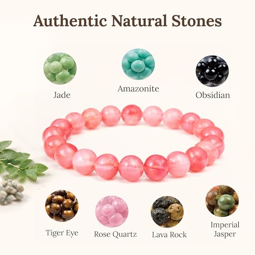 Elm City Direct 8mm Natural Stone Beaded Bracelet – Unisex Crystal Stretch Bracelets for Men & Women, Chakra & Healing Jewelry, Gift-Ready Beaded Bracelets - color: Watermelon Crystal