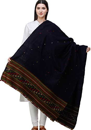 Exotic India Shawl from Kutch with Embroidered Border and Mirrors (Navy Blue)