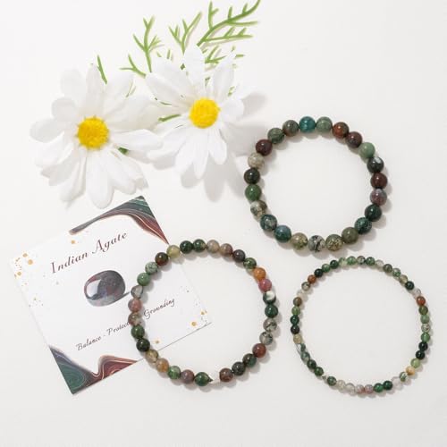 Raicegs 4 6 8MM Beaded Bracelets Healing Crystal Bracelet for Women Men Natural Stone Handmade Stretch Bracelet Reiki Spiritual Jewelry - color: Indian Agate, size: 4mm