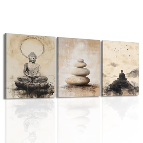 OAAPITI Zen Wall Art Buddha Statue Stacked Stones Wall Art 3 Pcs Minimalist Meditation Decor for Living Room Bedroom Home Office Wall Decor Ready to Hang(Artwork-1,11"x14"x3pcs) - color: Artwork-1, size: 11"x14"x3pcs