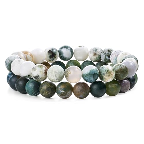 Bivei Natural Gemstone Semi Precious Healing Crystals Handmade Stretchy Round Beads Bracelet,Stocking Stuffers for Women Enhance Positive Energy - color: 8mm Tree Agate & India Agate (Strength & Harmony), size: Small: 6.5-6.7 inch