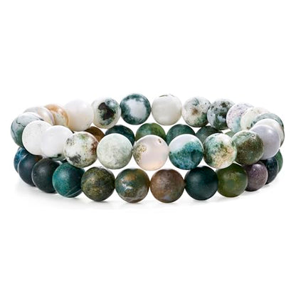 Bivei Natural Gemstone Semi Precious Healing Crystals Handmade Stretchy Round Beads Bracelet,Stocking Stuffers for Women Enhance Positive Energy - color: 8mm Tree Agate & India Agate (Strength & Harmony), size: Small: 6.5-6.7 inch