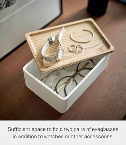 YAMAZAKI Home Rin Accessory Box With Wooden Lid For Jewelry, Watches, Or Sunglasses - Polystone - color: Ash