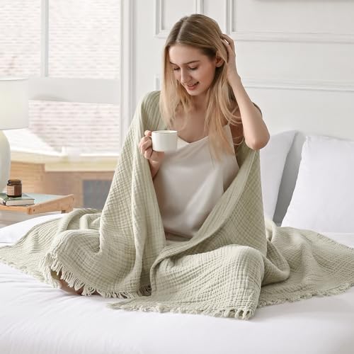 Esterra Muslin Throw Blanket 50x65 Inches Cozy Soft Lightweight Pre-Washed Cotton Blanket, All Season Breathable 4-Layer Gauze Blanket Throw for Sofa Couch Bed, Oatmeal - color: 03 - Oatmeal, size: Throw (50"x65")
