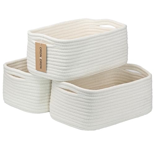 Small Storage Baskets for Organizing, Woven Storage Bins for Shelves, Gift Basket Empty, Cute Decorative Closet Organizer, Baby Rope Basket, Dog Toy Storage, 13.2x8.2x5.2”, 3Packs White - color: White, size: M