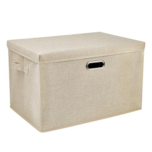 DAYARD Foldable Storage Boxes with Lids Linen Fabric Stackable Storage Bins Organizer Containers Baskets with Cover for Closet Office Nursery, Beige Medium - color: beige, size: medium