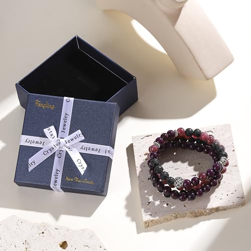 Fengling 4 PCS Beaded Crystal Bracelet for Women 8mm Natural Gemstones Handmade Bracelet for Girls Healing Stretch Bracelets Crystal Jewelry for Women Gifts - color: Jade Marrow Deep Purple & Strawberry Crystal k & Lava Rock
