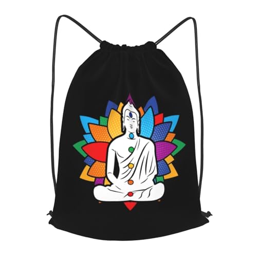 Buddha Chakra Meditation Drawstring Backpack Bag Sport Gym Sackpack for Men Women (Black) - size: Medium 19.6x16.5in