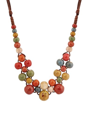 MINACHI Hippie Boho Colorful Ceramic Round Beads Strand Necklace, Bohemian Fashion Statement Jewelry Gift for Women - color: S08