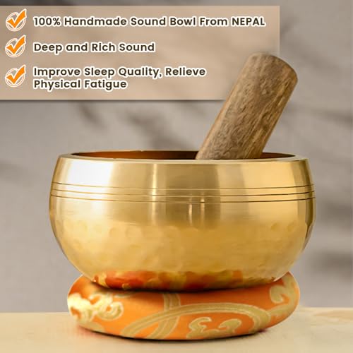 Tibetan Singing Bowls Set~ Meditation Sound Bowl hand Hammered in Nepal For Yoga, Meditation, Mindfulness, Healing & Chakra balancing~ (gold, 3.5 inch)