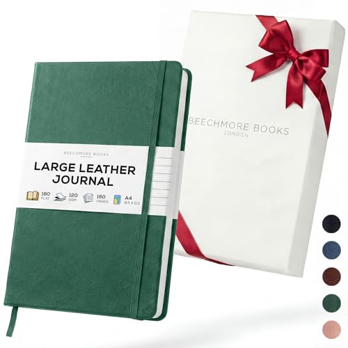 BEECHMORE BOOKS Large Lined Journal Notebook, 8.5" x 11.5" (A4) Hardcover Vegan Leather Executive Diary for Work, Thick 120gsm Paper, Lay-Flat Binding, Gift Box - color: Dartmouth Green, size: A4 - 8.5" x 11.5" Large
