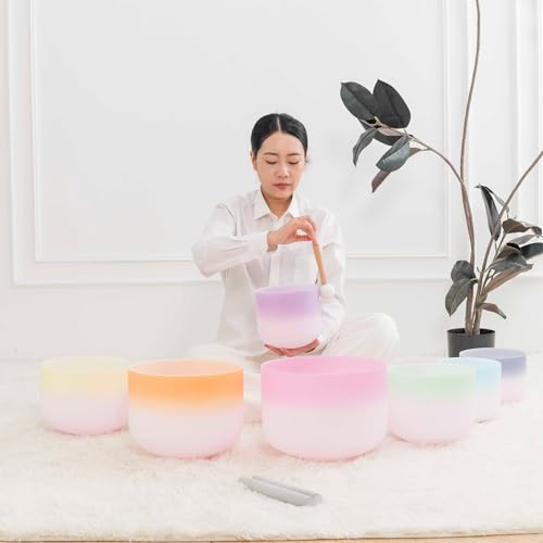 Hye-eun 432 hz Crystal Singing Bowl 7-12 Inch Set of 7 PCS Rainbow Gradient Frosted Quartz Crystal Chakra Singing Bowls with Carry Case Bag for Sound Healing and Therapy Meditation - color: 7-12inch 432hz Double Color 7pcs