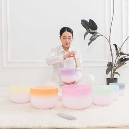 Hye-eun 432 hz Crystal Singing Bowl 7-12 Inch Set of 7 PCS Rainbow Gradient Frosted Quartz Crystal Chakra Singing Bowls with Carry Case Bag for Sound Healing and Therapy Meditation - color: 7-12inch 432hz Double Color 7pcs