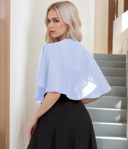 TONGFANTFL Women's Soft Chiffon Capelets Shawls and Wraps for Evening Wedding Cape Bole Cover Up - color: Light Blue