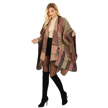 Shawl Wraps for Women, Elegant Knitted Cape Open Front Poncho Scarf Blanket Cardigan Coat for Spring, Autumn, and Winter - color: Pink Black
