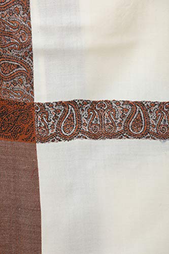 Exotic India Plain Men's Shawl with Brown Woven Border - Pure Wool - color: Ivory