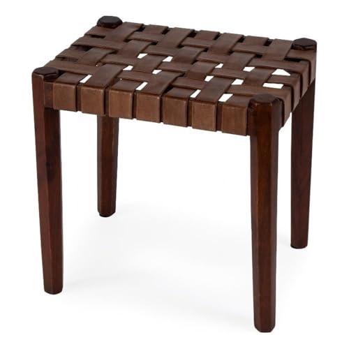 BOWERY HILL Farmhouse Wooden Leather Woven Stool, 18"x13.5"x18", Acacia Wood Frame and Genuine Leather, Brown Finish, Rectangular Design, Durable Seating for Living Room or Bedroom Use