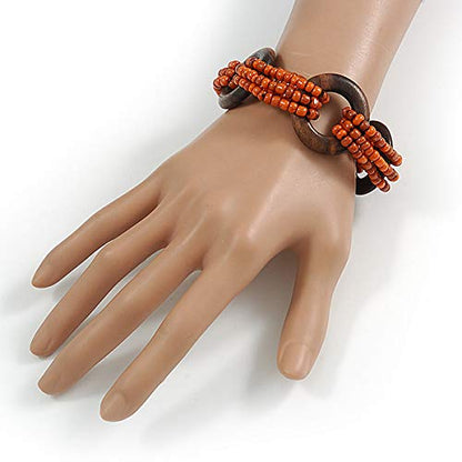 Avalaya Multistrand Dusty Orange Glass Bead with Wooden Rings Flex Bracelet - Medium