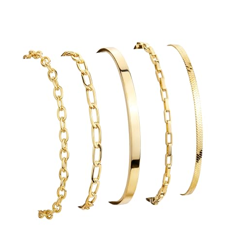 Dainty Gold Bracelet for Women Stack, Thin Bracelets Stackable Set with Bangle Cuff, Box, Herringbone, Paperclip, Figaro, Sparkling Link Chains Waterproof, Simple Jewelry Gifts for Women Non Tarnish - color: style 04-gold