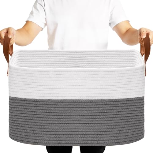 BOLDMONKEY 72L Laundry Basket with Leather Handles,Woven Cotton Rope Blanket Basket,Toy Bin for Baby Room,Laundry Hampers for Bedroom, Living Room,Bathroom,22"x17"x11.8" Gray - color: Gray, size: 72L