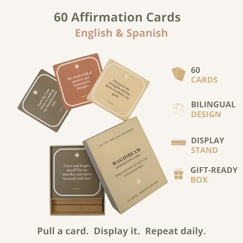 Positive Affirmation Cards, 60 Daily Affirmations with Display Stand, Self-Care and Mindfulness Cards, English on One Side and Spanish on the Other, Mindful Desk Decor and Inspirational Gift - MAGIDREAM