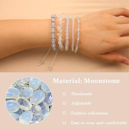 5Pcs Healing Crystal Bracelet for Women Men, Handmade Adjustable Gemstone Bracelets Beaded Reiki Energ Bracelet Set Jewelry Gifts for Women Men - color: Moonstone