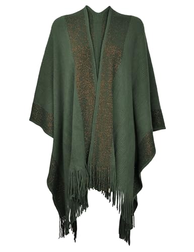 ZLYC Women's Shawl Golden Trim Knit Blanket Wrap Fringe Poncho Coat Cardigan - color: Green