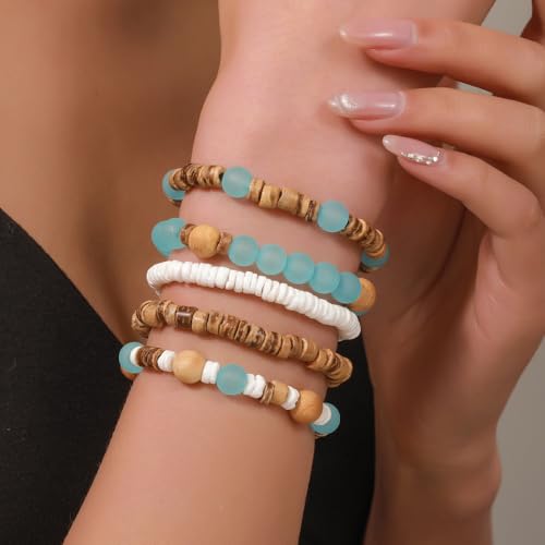 Vintage Multilayer African Turpine Wood Beaded Stretch Bracelets Bohemian Retro Coconut Shell Stackable Elastic Bracelet for Women Men Summer Beach Vacation Holiday Jewelry Gifts - style: StyleC