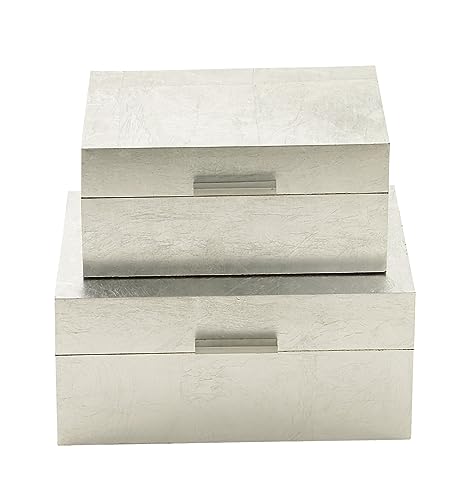 CosmoLiving by Cosmopolitan Wooden Decorative Box Decorative Keepsake Boxes with Textured Foiled Exterior, Set of 2 Storage Boxes 13", 11"W, Silver