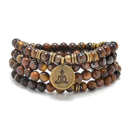 108 Mala Beads Bracelet Necklace with Yoga Symbol Buddha Charm – Gold-Plated Meditation Jewelry, Healing Stone, Ideal Spiritual Gift for Yoga & Meditation - style: Brown Tiger Eye