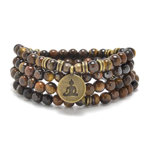 108 Mala Beads Bracelet Necklace with Yoga Symbol Buddha Charm – Gold-Plated Meditation Jewelry, Healing Stone, Ideal Spiritual Gift for Yoga & Meditation - style: Brown Tiger Eye