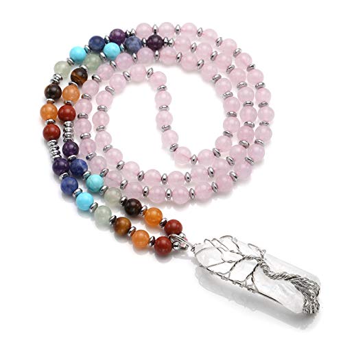 Jovivi Natural 7 Chakras Healing Crystals Necklace Wire Wrapped Clear Quartz Stone Pendant Healing Pointed Reiki Energy Balancing - color: Rose Quartz Crystal