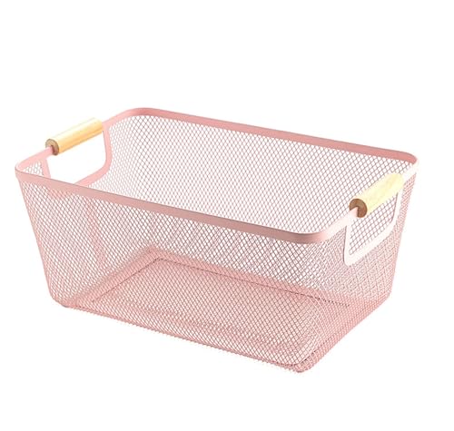 Metal Mesh Steel Basket, Large Wire Storage Organizer Basket Multi-function Hanging Kitchen Baskets with Wood Handle for Kitchen Bathroom Picnic Home, Rectangle-Pink - color: Pink, size: 1Pack-Large