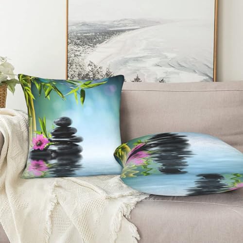 Teal Decorative Throw Pillow Cover Asian Zen Stone, Pillow Covers 18"x 18" Set of 2 Meditation Japanese Bamboo Pattern Spa Room Decor for Living Room Couch Cushion Bed Indoor Home Decor