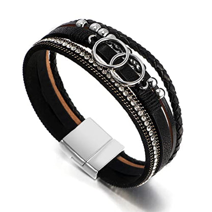 Fesciory Leopard Bracelet for Women, Boho Leather Wrap Multi-Layer Pearl Crystal Bracelet Bangle Jewelry - style: Double Circle(Black)