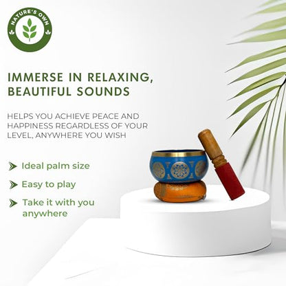 Nature's Own Tibetan Singing Bowl Set- Easy to Play- Meditation Sound Bowl Handcrafted in Nepal for Yoga, Mindfulness, Chakra Healing, Stress Relief- Spiritual Gifts for Women and Men (3.5 Inch, Blue)