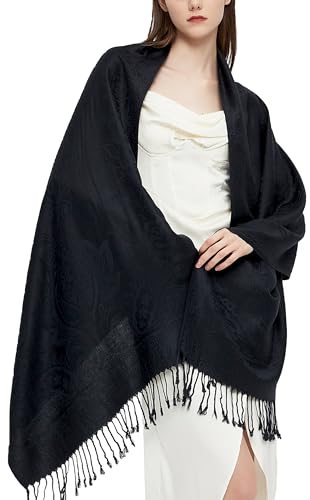 Pashmina Shawl Wrap with Ethnic Paisley Two Tone Jacquard Scarf for Women - color: Paisley-black