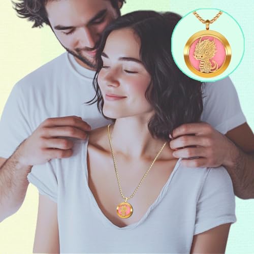 Aromatherapy Diffuser Necklace-Dinosaur Essential Oil Necklace,Aromatherapy Diffuser Pendant for Men and Women,Portable,Suitable for Yoga,Meditation,Travel,Stress Relief Gift(Gold 30mm) - color: Cute Dinosaur Gold